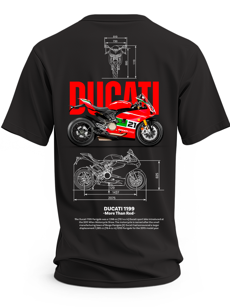 Czarna koszulka z czerwonym motocyklem Ducati 1199, biało-zielonymi detalami, numerem 21 i rysunkami technicznymi