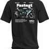 Czarna koszulka z szarym motocyklem Kawasaki Ninja H2R, zieloną ramą i dużym napisem Fastest