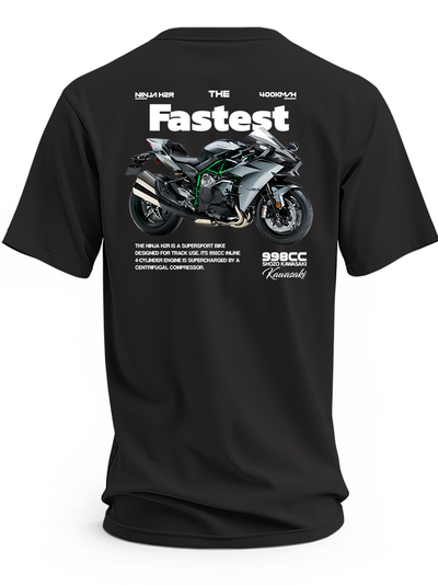 Czarna koszulka z szarym motocyklem Kawasaki Ninja H2R, zieloną ramą i dużym napisem Fastest