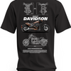 Czarna koszulka z brązowo-czarnym motocyklem Harley-Davidson Softail FXDR, białym napisem i rysunkami technicznymi