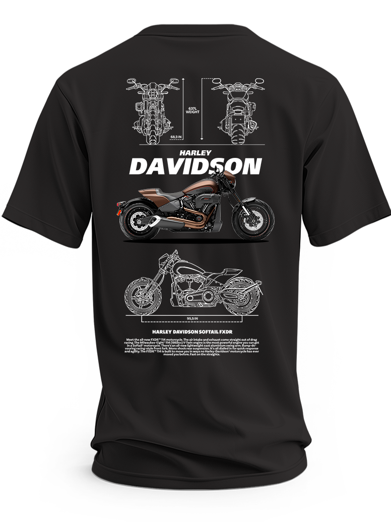 Czarna koszulka z brązowo-czarnym motocyklem Harley-Davidson Softail FXDR, białym napisem i rysunkami technicznymi