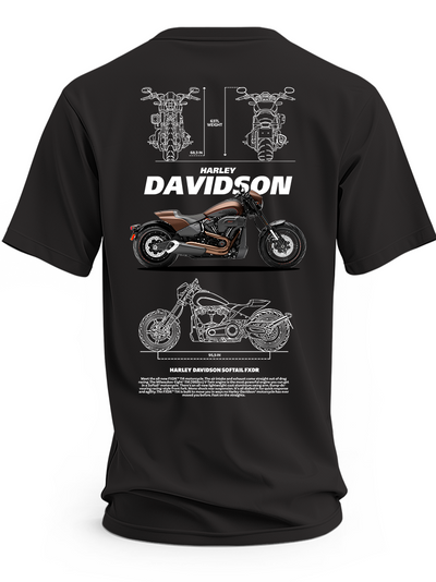 Czarna koszulka z brązowo-czarnym motocyklem Harley-Davidson Softail FXDR, białym napisem i rysunkami technicznymi