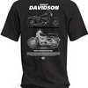 Czarna koszulka z czarnym motocyklem Harley-Davidson Sportster, białym napisem Harley Davidson i rysunkiem technicznym