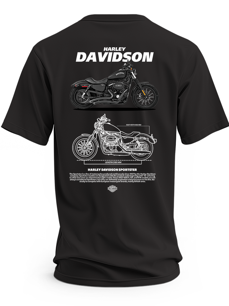 Czarna koszulka z czarnym motocyklem Harley-Davidson Sportster, białym napisem Harley Davidson i rysunkiem technicznym