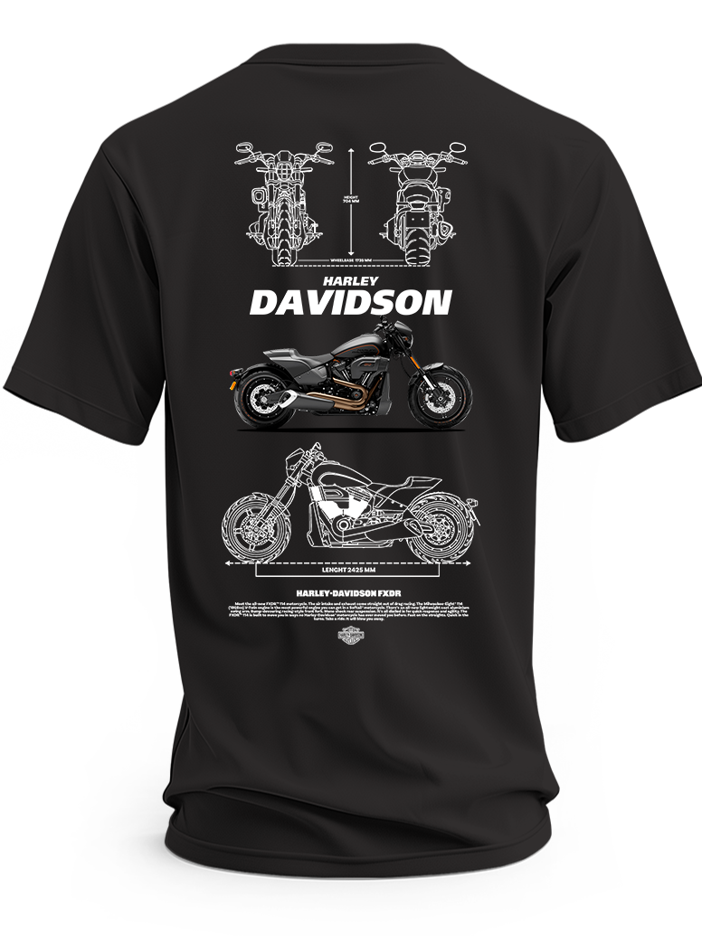 Czarna koszulka z czarno-szarym motocyklem Harley-Davidson FXDR, białym napisem i rysunkami technicznymi