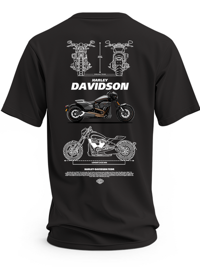 Czarna koszulka z czarno-szarym motocyklem Harley-Davidson FXDR, białym napisem i rysunkami technicznymi