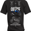 Czarna koszulka z niebieskim motocyklem Honda CB125F, dużym białym napisem CB125F i rysunkami technicznymi