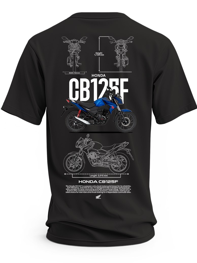 Czarna koszulka z niebieskim motocyklem Honda CB125F, dużym białym napisem CB125F i rysunkami technicznymi