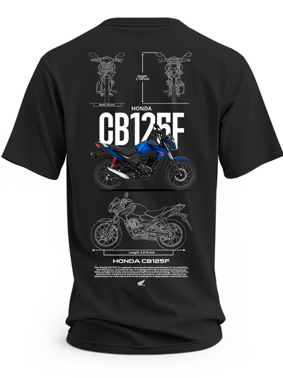 Czarna koszulka z niebieskim motocyklem Honda CB125F, dużym białym napisem CB125F i rysunkami technicznymi