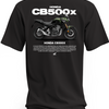 Czarna koszulka z zielono-czarnym motocyklem Honda CB500X i dużym białym napisem CB500X