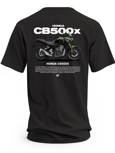 Czarna koszulka z zielono-czarnym motocyklem Honda CB500X i dużym białym napisem CB500X