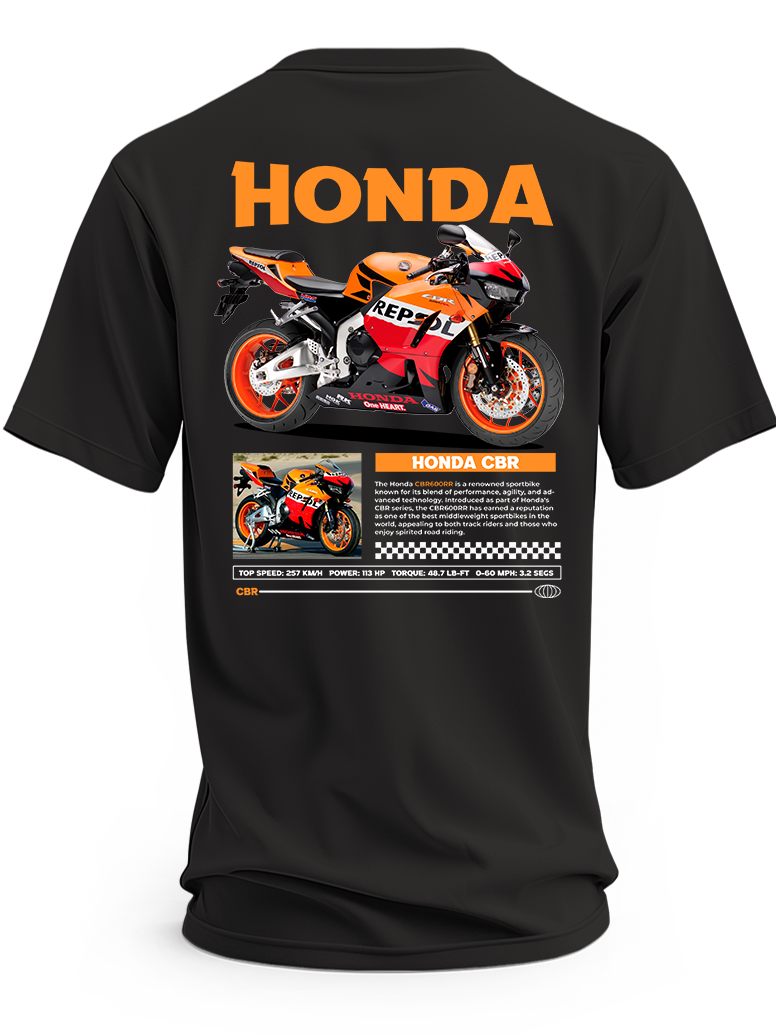 Czarna koszulka z czerwono-czarnym motocyklem Honda CBR, pomarańczowym napisem Honda i rysunkami motocykla