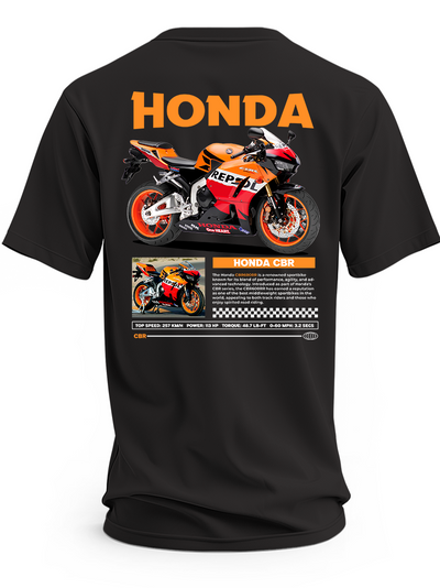 Czarna koszulka z czerwono-czarnym motocyklem Honda CBR, pomarańczowym napisem Honda i rysunkami motocykla