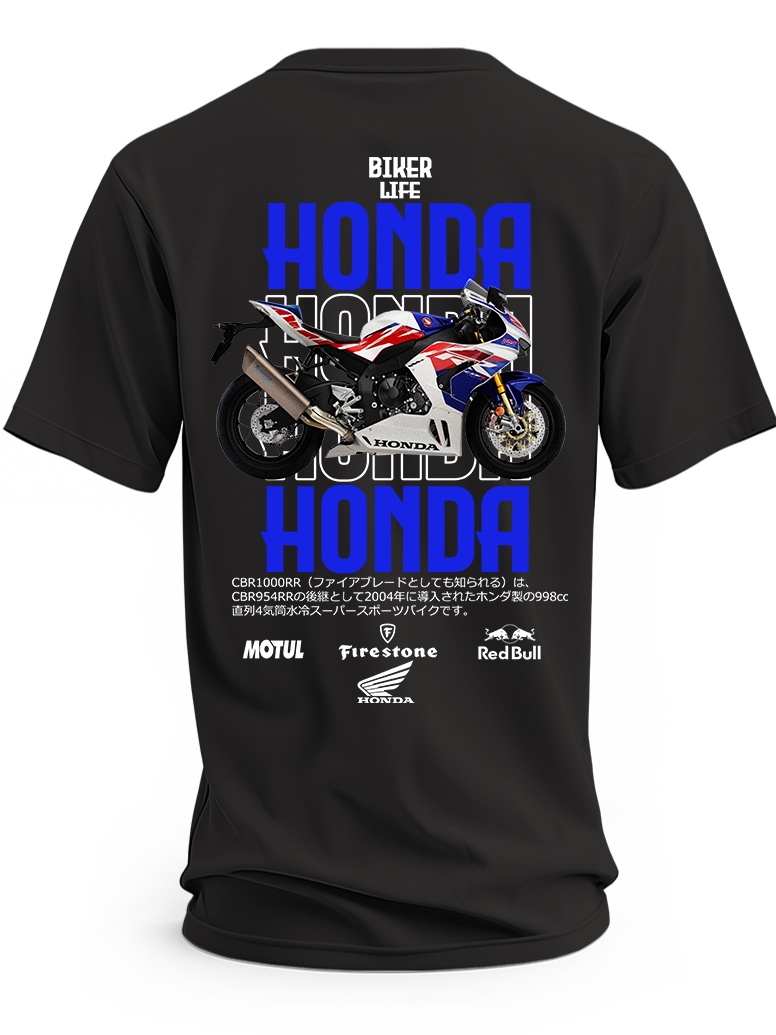 Czarna koszulka z biało-czerwono-niebieskim motocyklem Honda CBR 1000 i dużymi niebieskimi napisami Honda