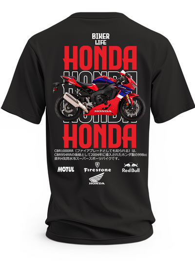 Czarna koszulka z czerwono-czarnym motocyklem Honda CBR 1000 i dużymi czerwonymi napisami Honda