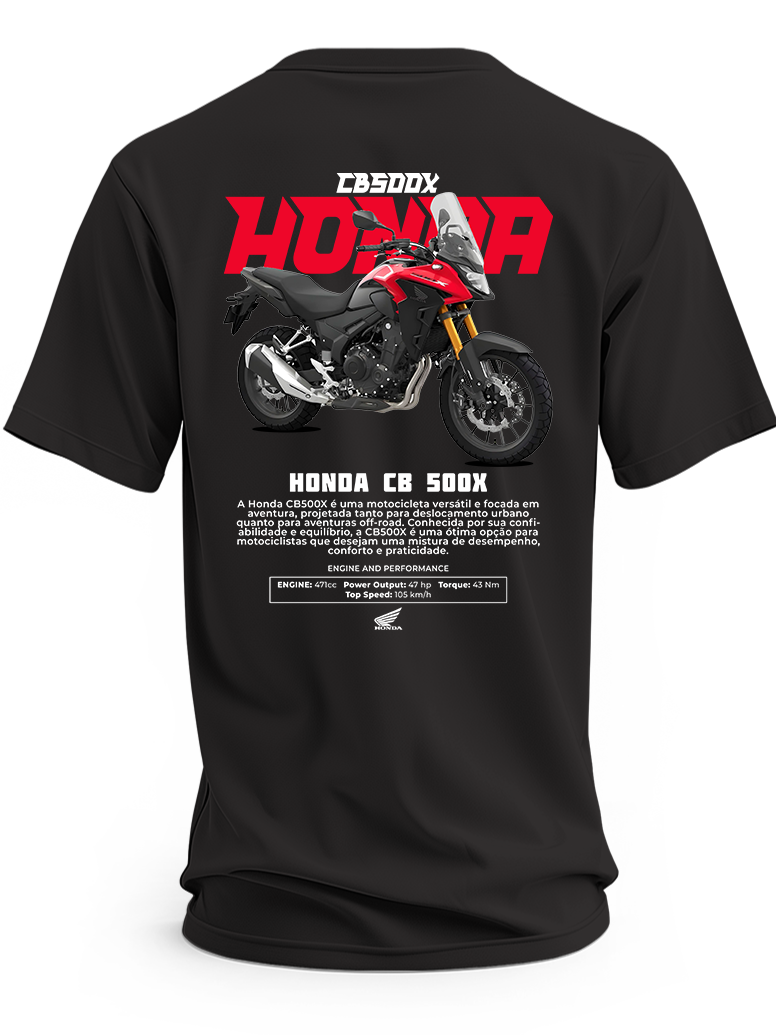 Czarna koszulka z czerwono-czarnym motocyklem Honda CB500X i dużym czerwonym napisem Honda