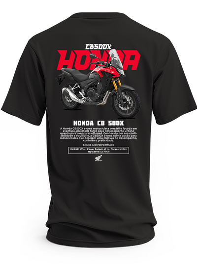 Czarna koszulka z czerwono-czarnym motocyklem Honda CB500X i dużym czerwonym napisem Honda