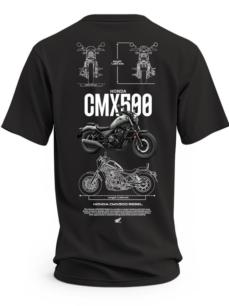 Czarna koszulka z motocyklem Honda CMX500 Rebel, napisem CMX500 i rysunkami technicznymi