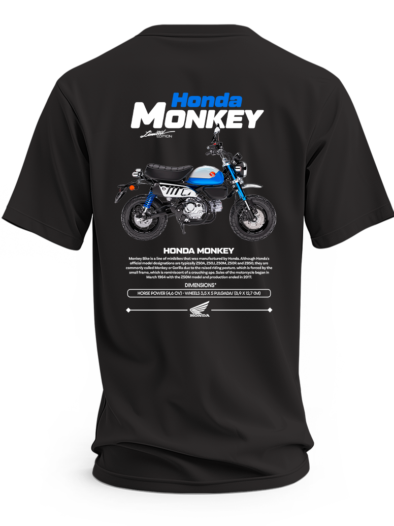 Czarna koszulka z niebiesko-białym motocyklem Honda Monkey i napisem Honda Monkey
