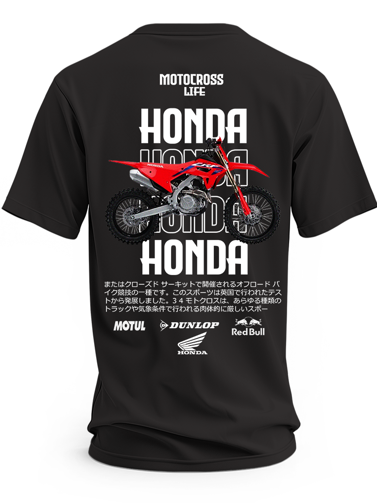 Czarna koszulka z czerwonym motocyklem Honda Motocross i dużymi napisami Honda