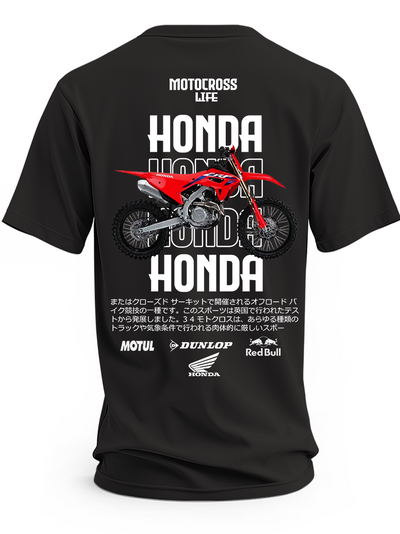 Czarna koszulka z czerwonym motocyklem Honda Motocross i dużymi napisami Honda