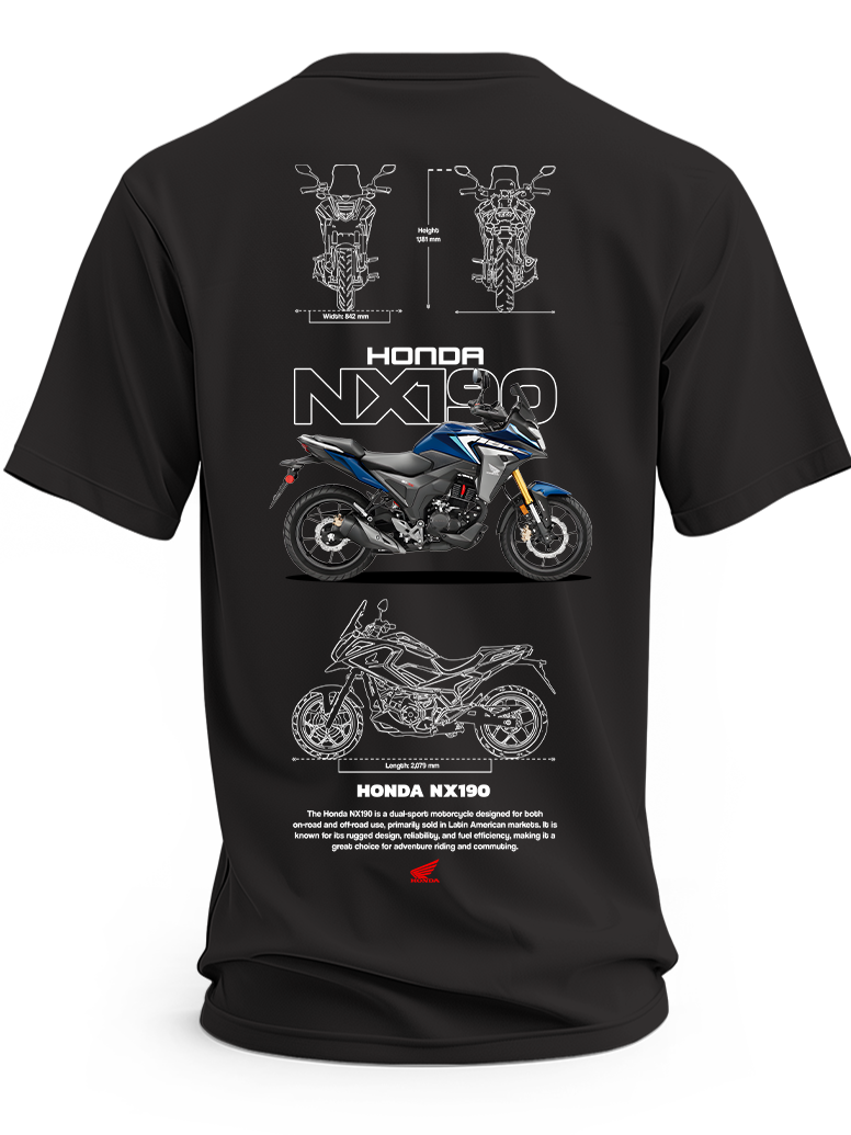 Czarna koszulka z motocyklem Honda NX190 i rysunkami technicznymi