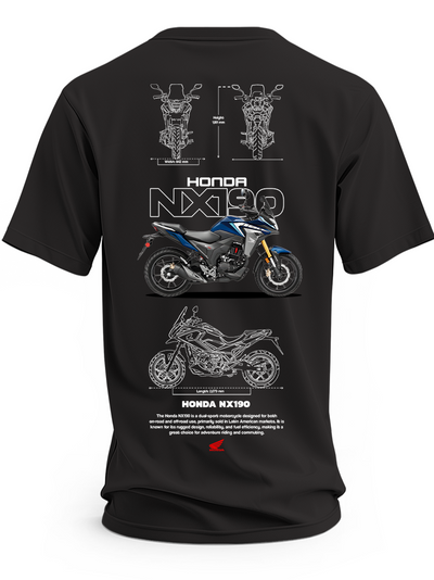 Czarna koszulka z motocyklem Honda NX190 i rysunkami technicznymi