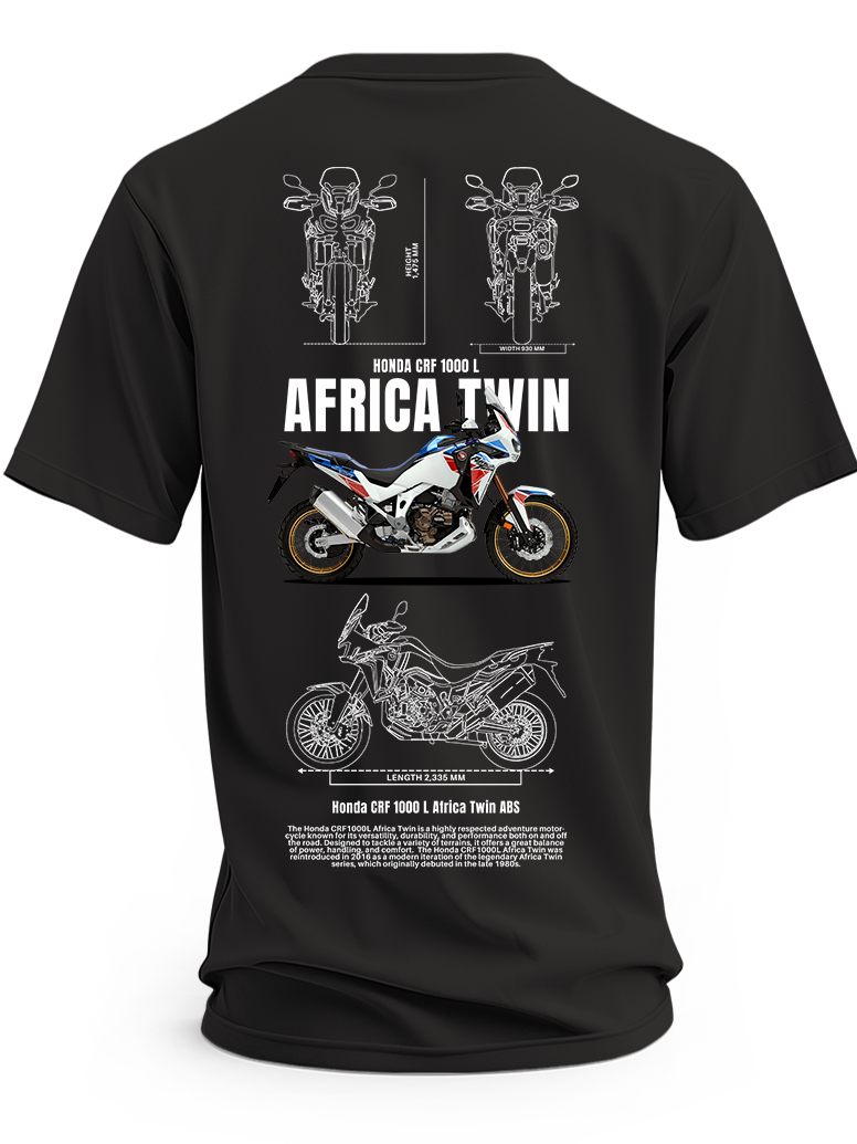 Czarna koszulka z motocyklem Honda CRF 1000 L Africa Twin ABS i rysunkami technicznymi