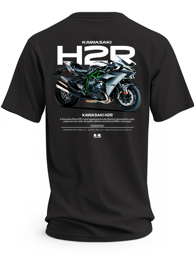 Czarna koszulka z motocyklem Kawasaki Ninja H2R i dużym białym napisem H2R – wzór 3