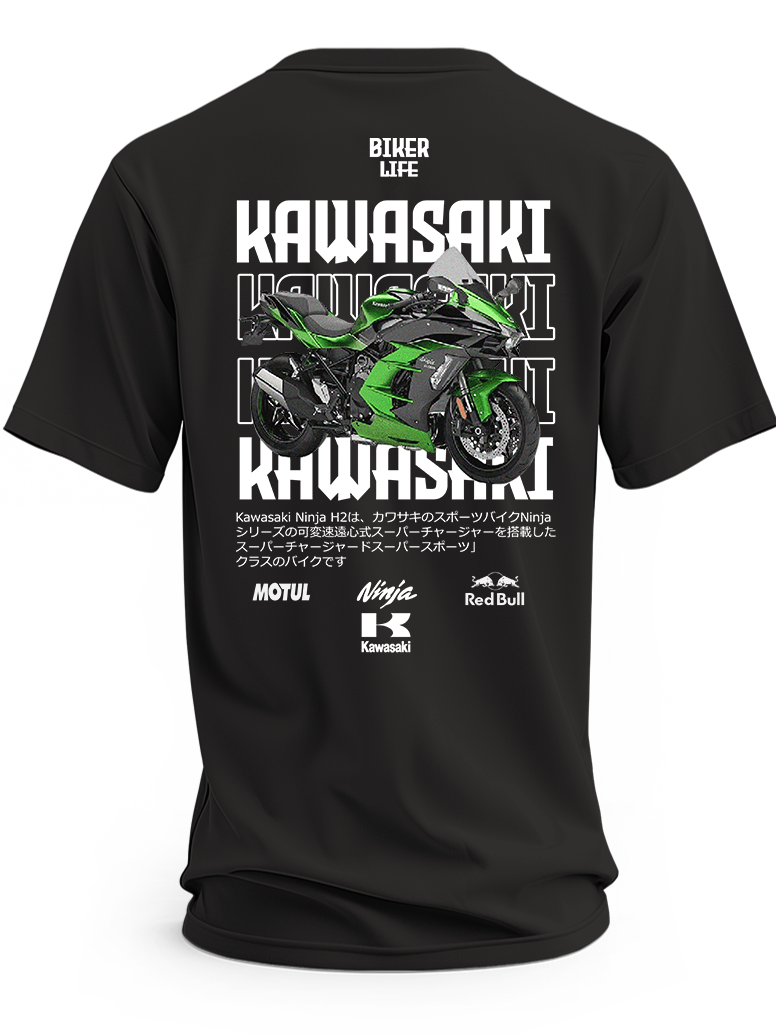 Czarna koszulka z motocyklem Kawasaki Ninja H2R i dużymi napisami Kawasaki