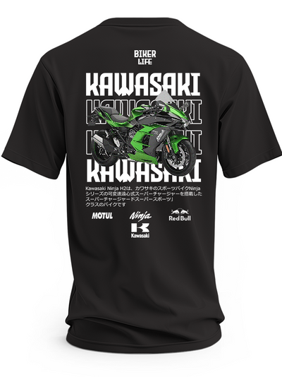 Czarna koszulka z motocyklem Kawasaki Ninja H2R i dużymi napisami Kawasaki