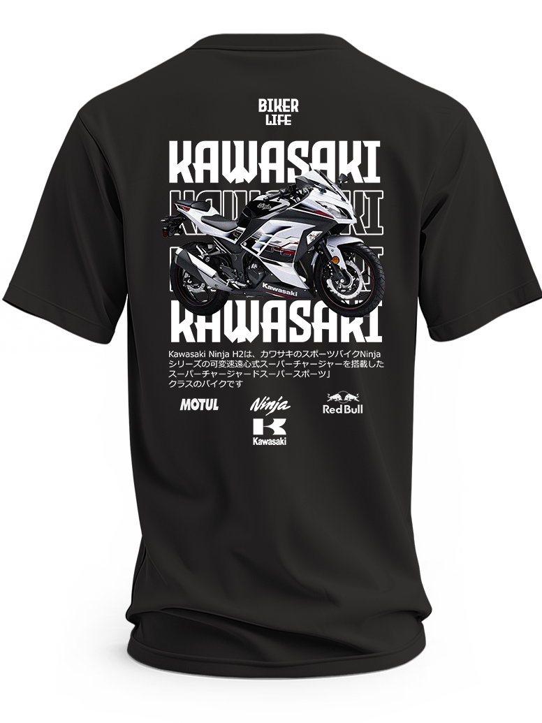 Czarna koszulka z motocyklem Kawasaki Ninja H2R i białymi napisami Kawasaki – wzór 4