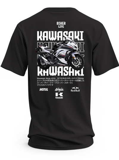 Czarna koszulka z motocyklem Kawasaki Ninja H2R i białymi napisami Kawasaki – wzór 4