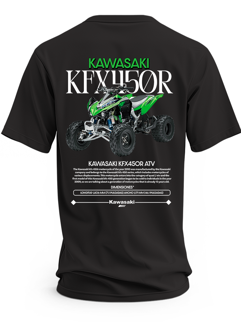 Czarna koszulka z zielonym quadem Kawasaki KFX450R i napisem KFX450R