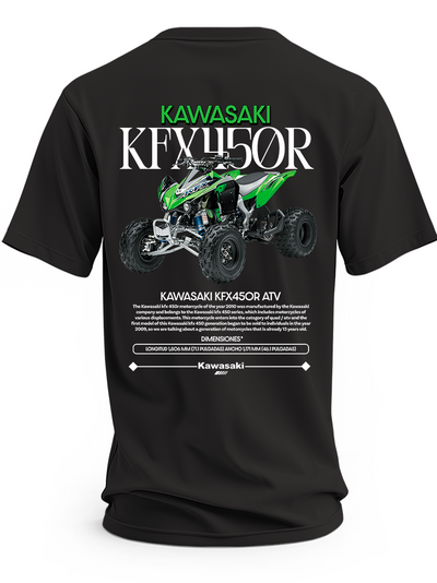 Czarna koszulka z zielonym quadem Kawasaki KFX450R i napisem KFX450R