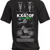 Czarna koszulka z zielonym motocyklem Kawasaki KX450F i rysunkami technicznymi