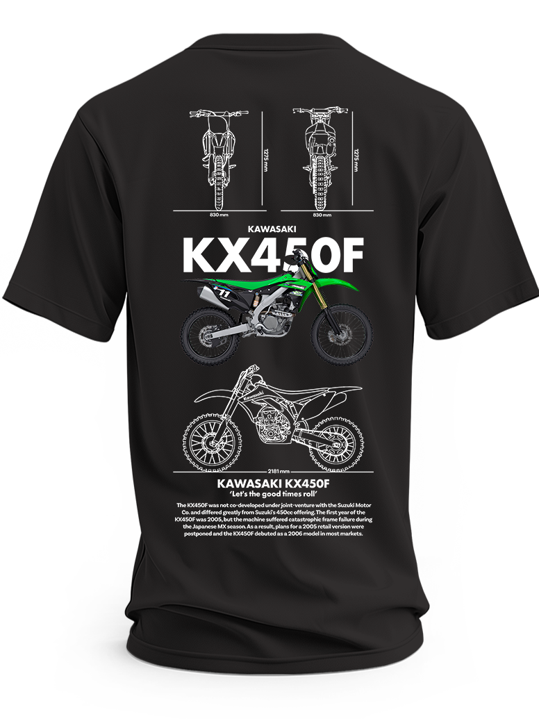 Czarna koszulka z zielonym motocyklem Kawasaki KX450F i rysunkami technicznymi