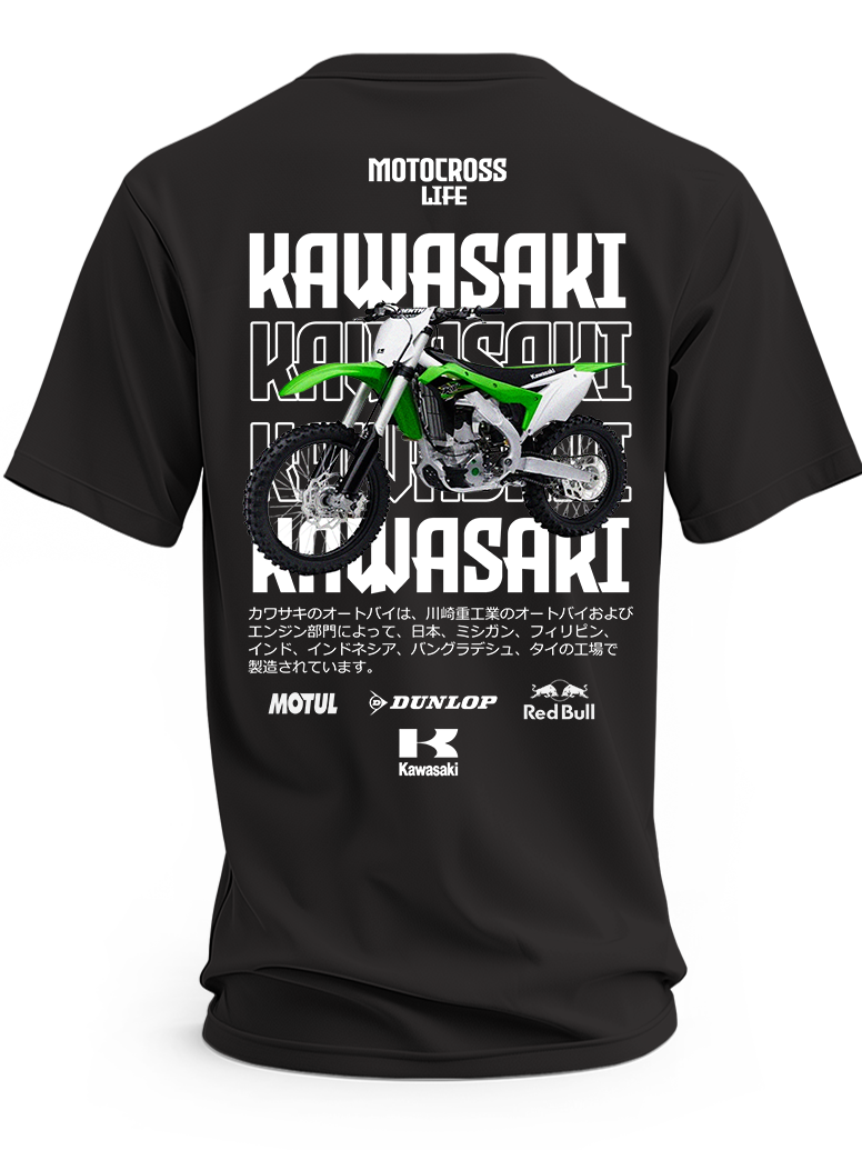 Czarna koszulka z zielonym motocyklem Kawasaki Motocross i dużymi napisami Kawasaki