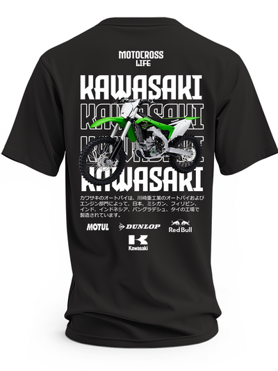 Czarna koszulka z zielonym motocyklem Kawasaki Motocross i dużymi napisami Kawasaki