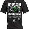 Czarna koszulka z zielonym motocyklem Kawasaki Ninja i dużymi napisami Kawasaki