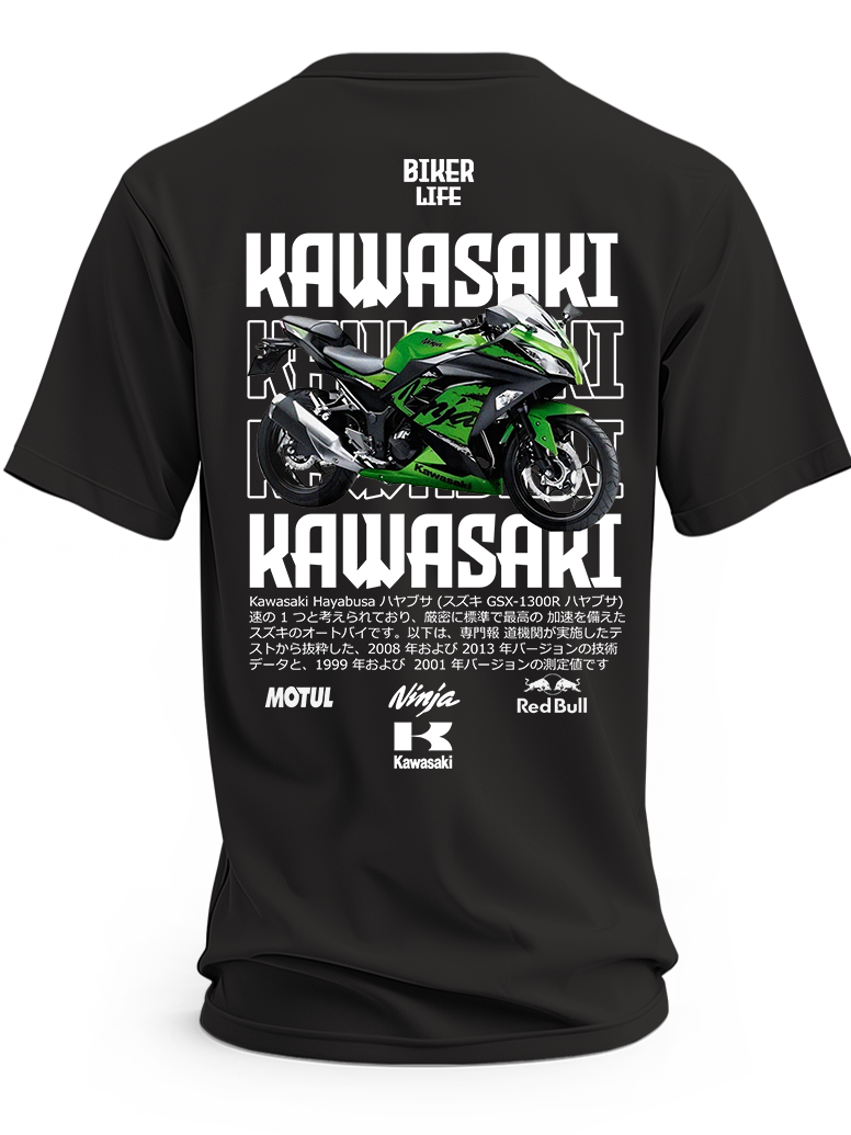 Czarna koszulka z zielonym motocyklem Kawasaki Ninja i dużymi napisami Kawasaki