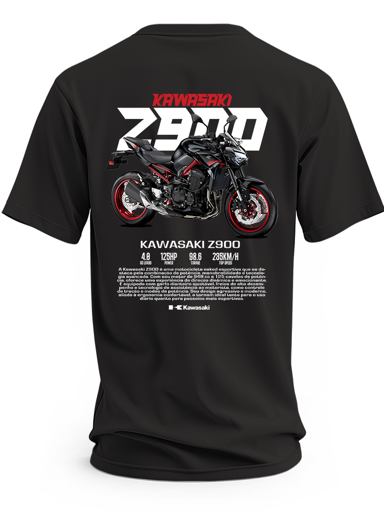 Czarna koszulka z motocyklem Kawasaki Z900 i dużym napisem Z900
