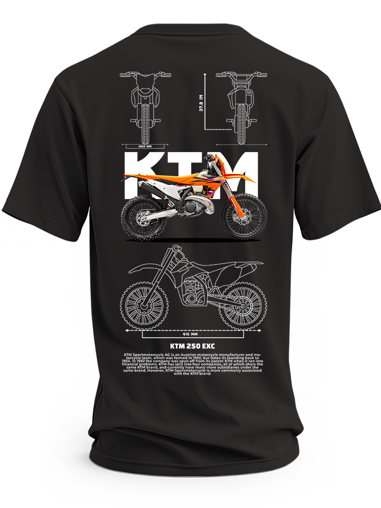 Czarna koszulka z motocyklem KTM 250 EXC, napisem KTM i rysunkami technicznymi