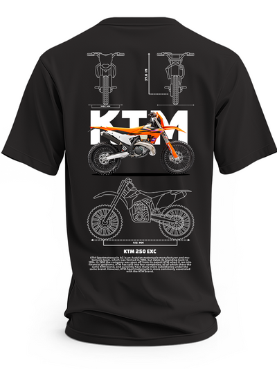 Czarna koszulka z motocyklem KTM 250 EXC, napisem KTM i rysunkami technicznymi