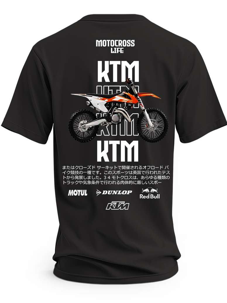 Czarna koszulka z motocyklem KTM Motocross i dużymi napisami KTM
