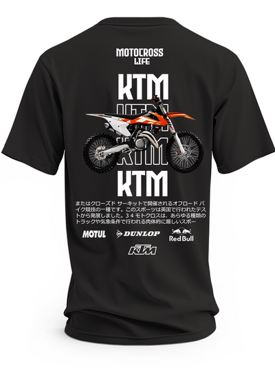 Czarna koszulka z motocyklem KTM Motocross i dużymi napisami KTM