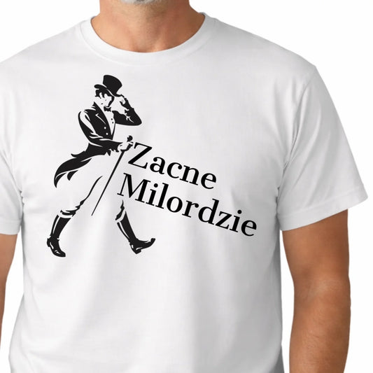 Koszulka męska z nadrukiem inspirowana klasycznym dżentelmenem w cylindrze i napisem zacne milordzie