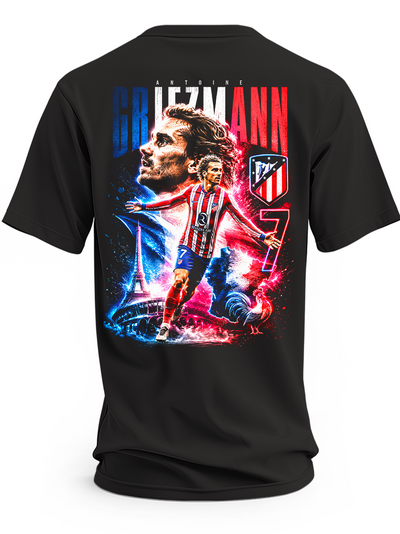 Czarna koszulka z nadrukiem Antoine’a Griezmanna w stroju Atlético Madryt i numerem 7.