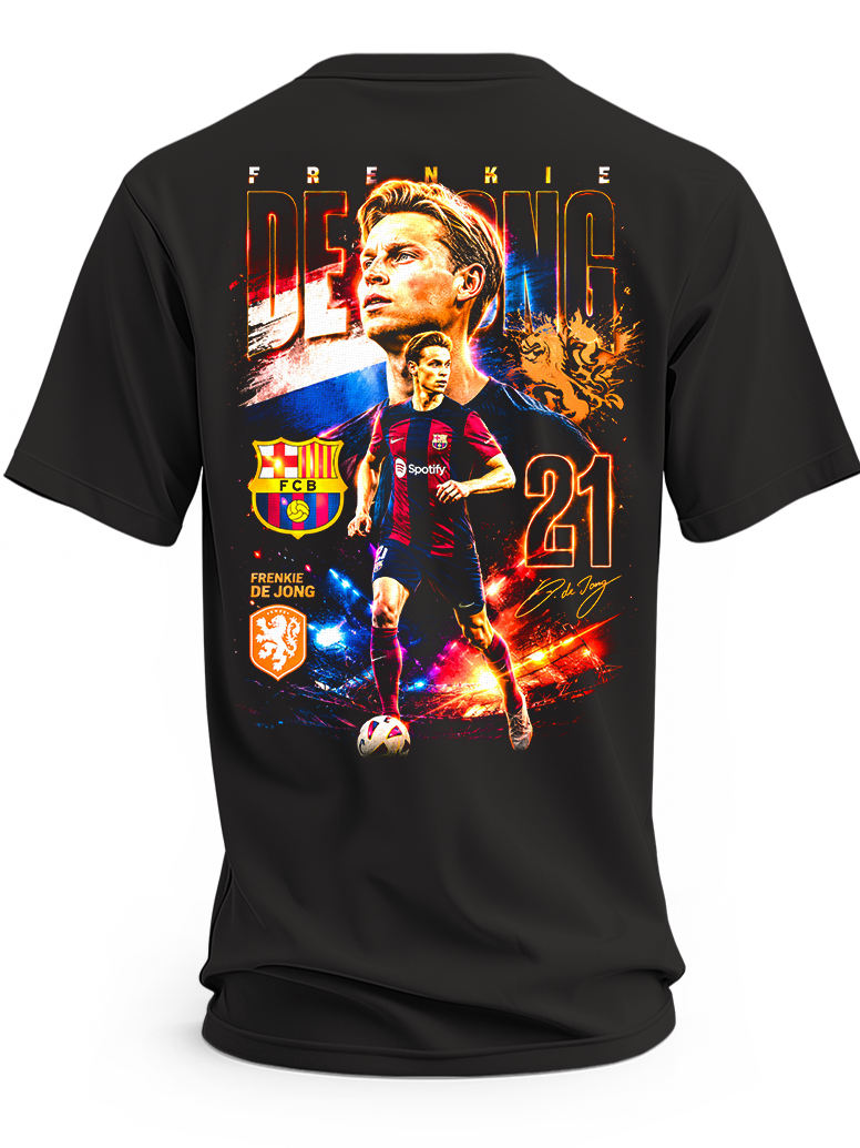 Koszulka z Frenkiem de Jongiem w barwach FC Barcelony, numer 21 i motyw reprezentacji Holandii