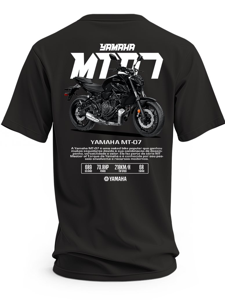 Czarna koszulka z motocyklem Yamaha MT-07 i dużym białym napisem MT-07